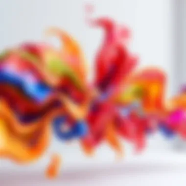 A vibrant 3D model transitioning into a fluid moving artwork, showcasing colors and shapes in motion.
