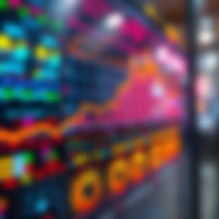 An interactive display showing colorful particle graphics reacting to CPU and GPU performance metrics on a home server rack.
