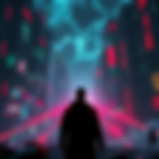 A futuristic cityscape showing dark skies and advanced technology, with a central figure looking contemplative amidst neon lights and machinery