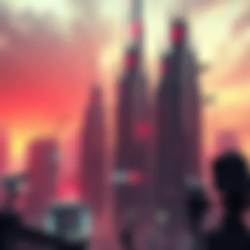 A dark, futuristic cityscape with tall buildings and surveillance cameras, reflecting a survival game setting.