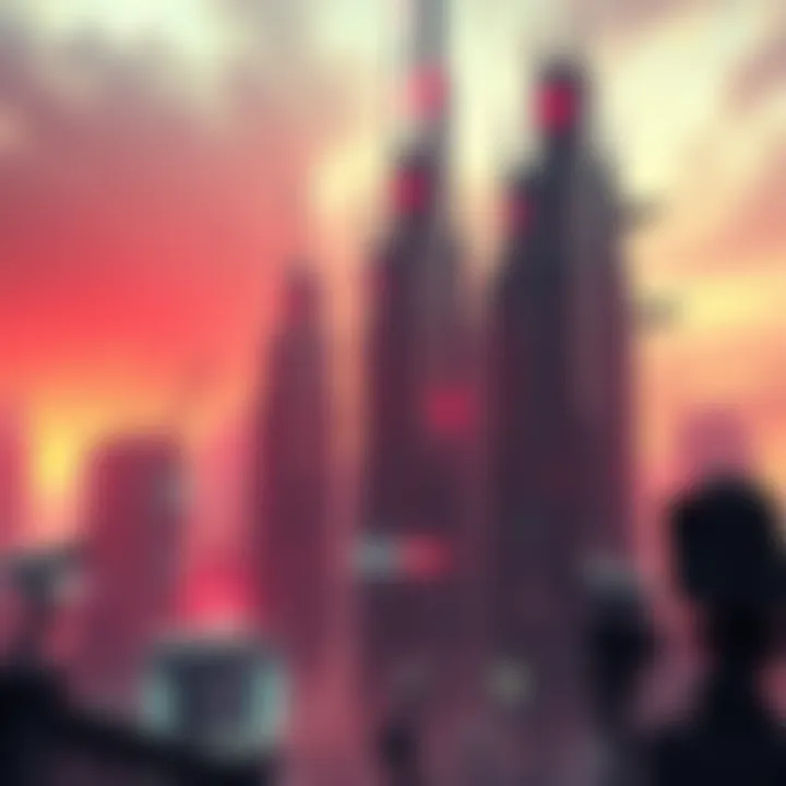 A dark, futuristic cityscape with tall buildings and surveillance cameras, reflecting a survival game setting.
