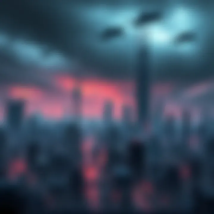 A dark, futuristic city skyline filled with towering buildings and flying vehicles, showcasing the grim atmosphere common in sci-fi films.