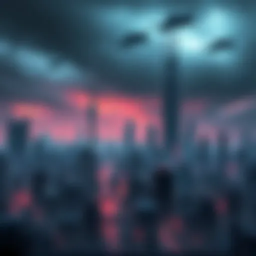 Dystopian Sci-Fi Cityscape A dark, futuristic city skyline filled with towering buildings and flying vehicles, showcasing the grim atmosphere common in sci-fi films.