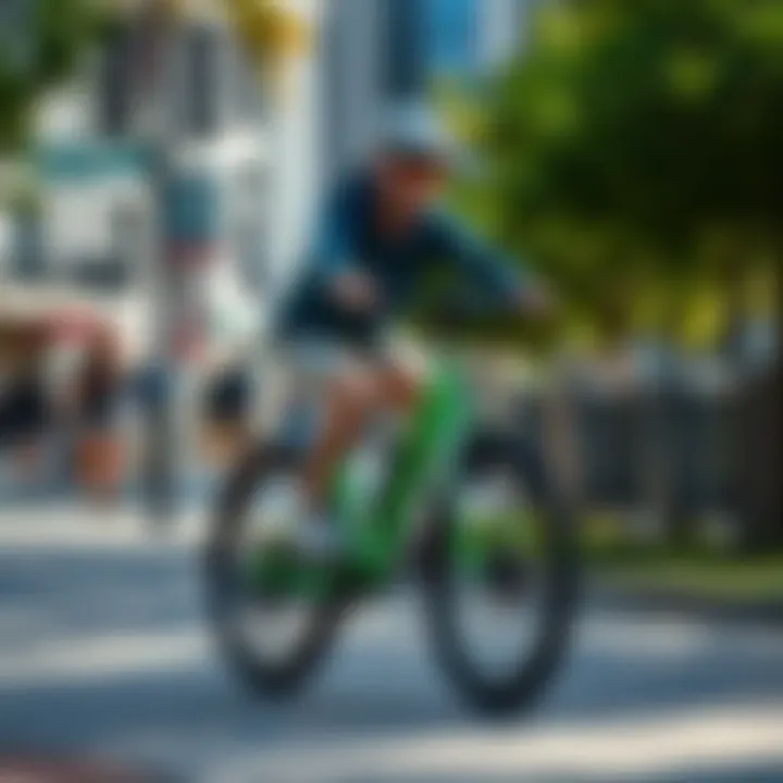 A person riding an e-bike slowly on a sidewalk, with pedestrians walking nearby, showcasing safety measures for e-bike usage.