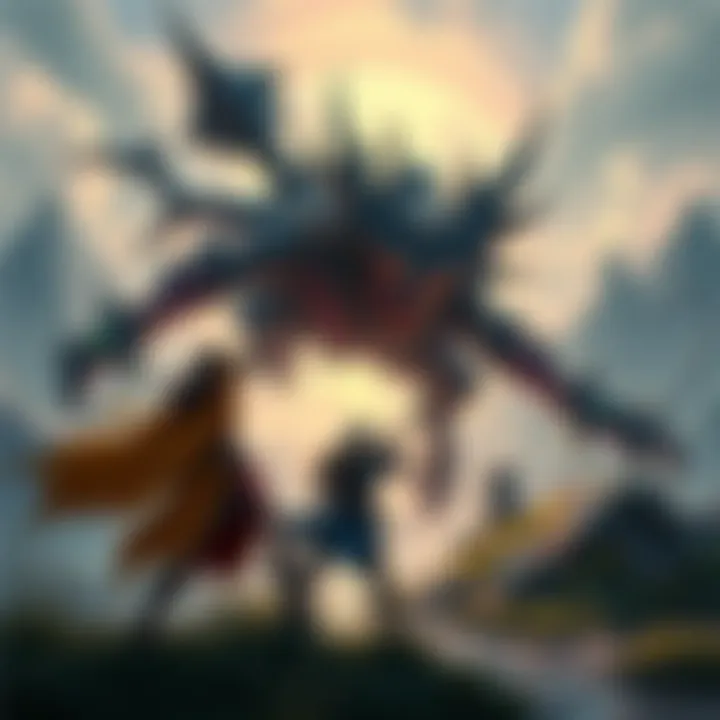 Two characters battling a monster in an offline RPG setting, with fantasy landscapes in the background.