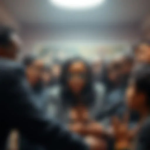 A dramatic scene showing an Ebony Secretary in a controversial setting surrounded by several individuals, with expressions of shock and intrigue on their faces.