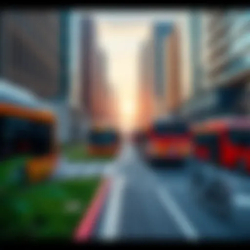 A modern city scene with electric buses and bike lanes, showcasing eco-friendly transportation solutions for 2025