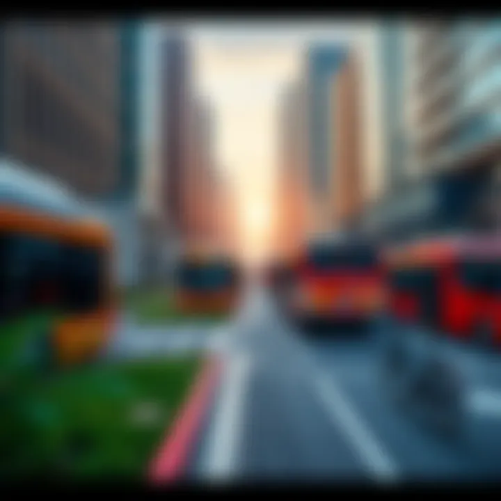 A modern city scene with electric buses and bike lanes, showcasing eco-friendly transportation solutions for 2025