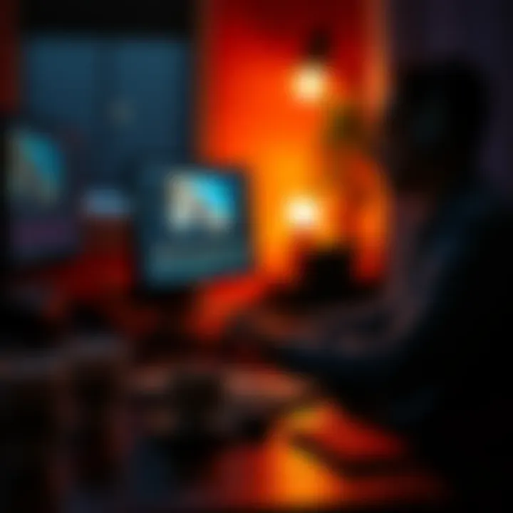 A person focused on a computer screen, with editing software open, surrounded by coffee cups and notebooks, reflecting long hours of work