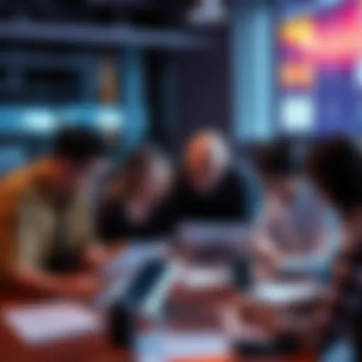 A group of people collaborating on a project, providing feedback and discussing edits, with papers and laptops on a table.