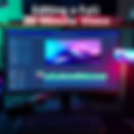 A computer screen showing After Effects with a timeline of a 20-minute video being edited, surrounded by editing tools and effects.