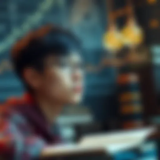 An electrical engineering student with a thoughtful expression, surrounded by legal books and quantum technology diagrams, contemplating a career in patent law.