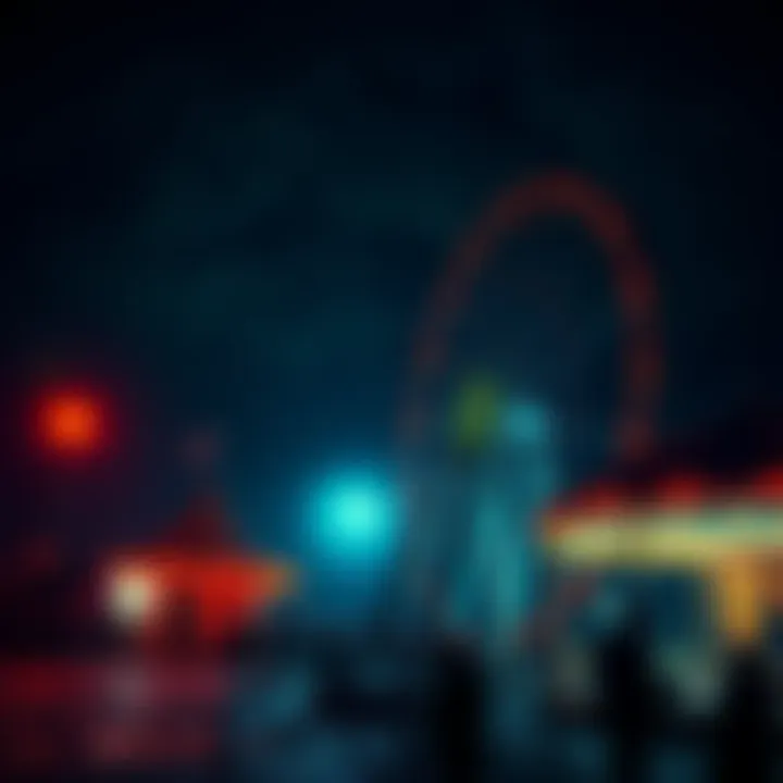 A haunting carnival with dark skies, flickering lights, and an empty Ferris wheel at night.