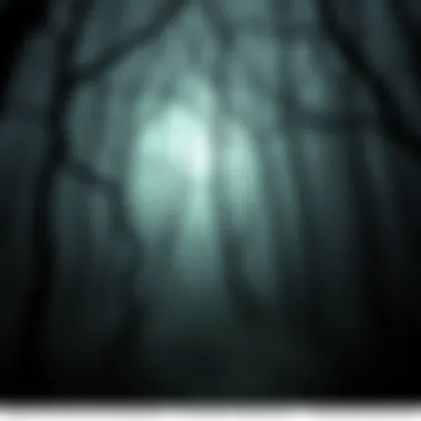 Eerie Forest Scene A dark, foggy forest with twisted trees and shadows, creating a spooky atmosphere.