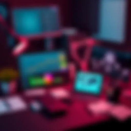 A collection of various AI tools displayed on a desk, including laptops, tablets, and notes, showcasing their practical applications.