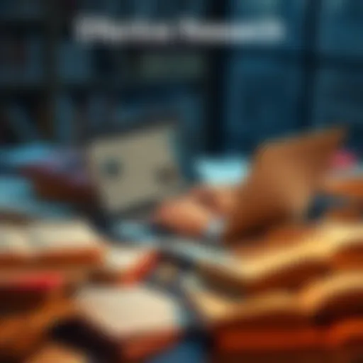 Person using NotebookLM on a laptop, surrounded by books and notes, focused on research