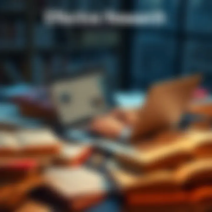 Person using NotebookLM on a laptop, surrounded by books and notes, focused on research