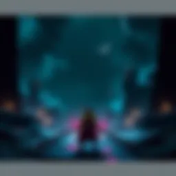 A colorful text character stands in a dark world filled with ominous shadows and classic turn-based battle scenes.