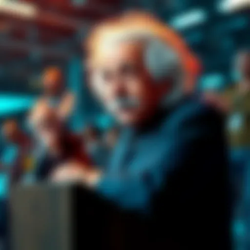 Albert Einstein speaking at a podium with a thoughtful expression, surrounded by tech enthusiasts discussing his views on artificial intelligence.