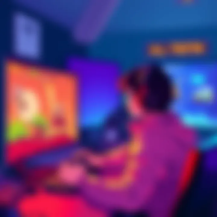 A gamer playing Eldevar Online, a retro-style 2D MMO on a computer, surrounded by pixel art graphics and a vibrant game interface.