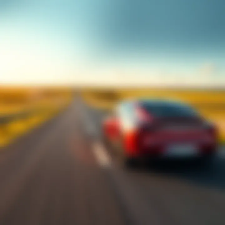 A sleek electric car driving along a scenic Australian highway with clear skies and green fields