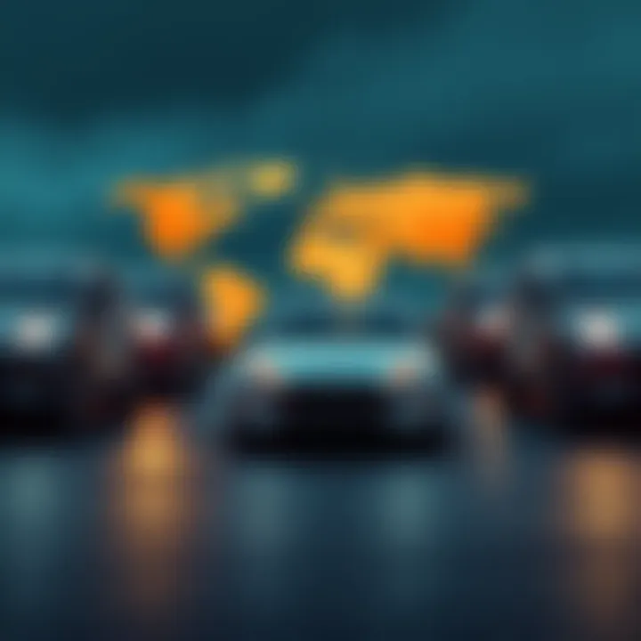 A row of electric vehicles parked with a backdrop of a world map highlighting regions with rising EV sales amid the Iran conflict.