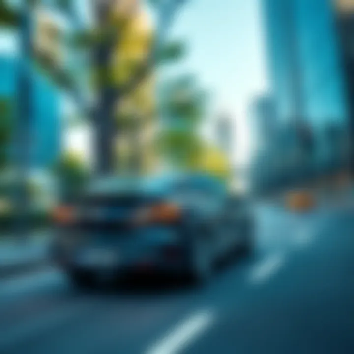 An electric car driving through a clean, urban street with trees and buildings, symbolizing improved air quality.