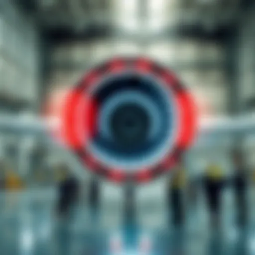 A fully electric hydrogen aircraft engine displayed in a modern hangar with aviation workers examining it.