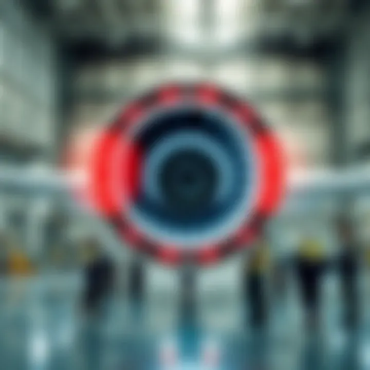 Electric Hydrogen Aircraft Engine A fully electric hydrogen aircraft engine displayed in a modern hangar with aviation workers examining it.