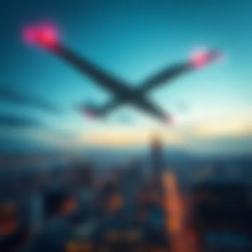 A 30-seat electric airplane soaring through the sky above New York City, showcasing a new era of aviation.