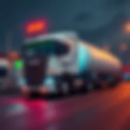A charging electric truck alongside traditional LNG trucks, highlighting the shift in China's trucking industry.