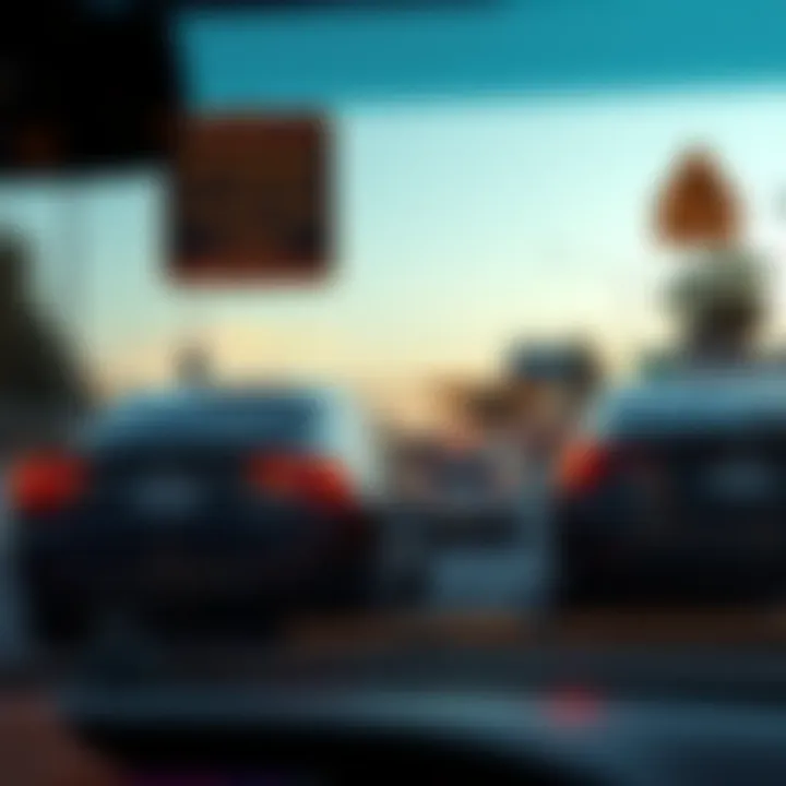 An electric vehicle driving in a carpool lane with warning signs about new regulations