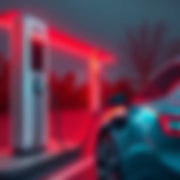 A modern electric vehicle charging station with a high-voltage charger and a car plugged in, showcasing fast charging technology.