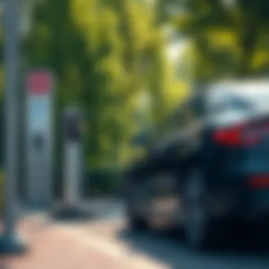 An electric vehicle charging at a station surrounded by green trees, symbolizing sustainable transport