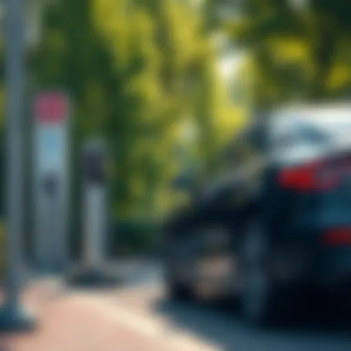 An electric vehicle charging at a station surrounded by green trees, symbolizing sustainable transport