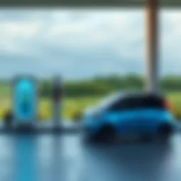An electric vehicle parked at a charging station with a bright green landscape in the background, symbolizing advancements in battery technology.