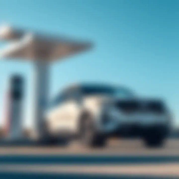 A Kia electric vehicle charging at a station with clear blue skies in the background