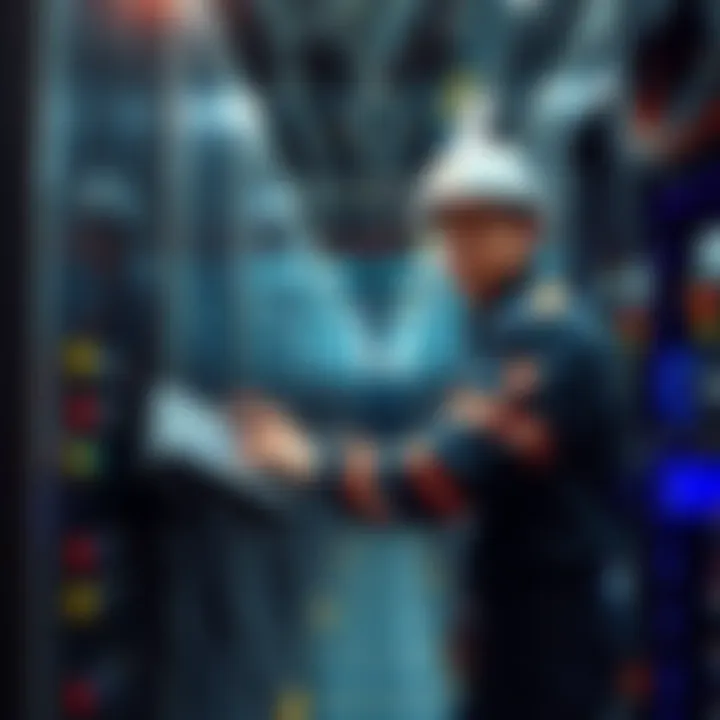 A young electrician installing equipment in a modern AI data center, surrounded by servers and cables.