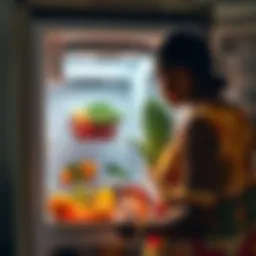 Electricity-Free Fridge in Use A community member accessing fresh produce from an electricity-free fridge, showcasing a sustainable food storage solution for areas without power.