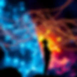 A visual representing the connection between electromagnetism and self-identity, featuring abstract electromagnetic waves and a silhouette of a human figure contemplating consciousness.