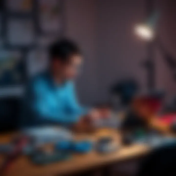 A person brainstorming electronics project ideas at a desk with a laptop and circuit components scattered around.