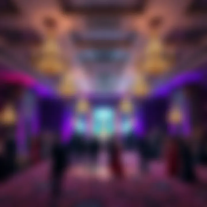 A beautifully decorated ball room filled with people dancing in formal attire under sparkling chandeliers.