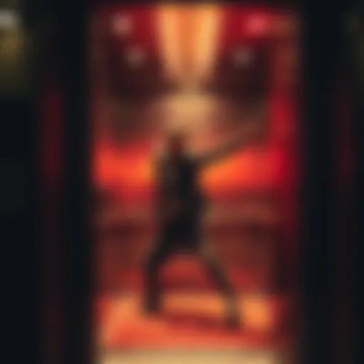 Two characters engaged in a dramatic fight inside a moving elevator with a tense atmosphere.