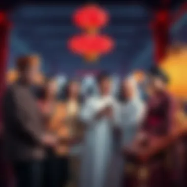 A gathering of influential Asian family members in traditional and modern attire, discussing culture and society.