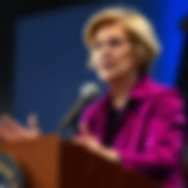 Senator Elizabeth Warren standing at a podium, addressing concerns over tax breaks for tech companies like Amazon, Google, Meta, and Microsoft