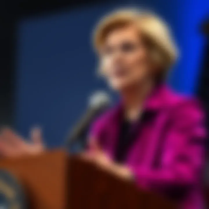 Senator Elizabeth Warren standing at a podium, addressing concerns over tax breaks for tech companies like Amazon, Google, Meta, and Microsoft