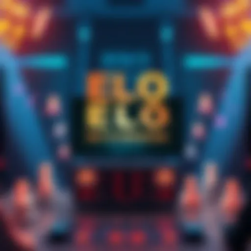 A graphic showing ELO matchmaking in gaming, with player icons connecting for matches and a scoreboard displaying results.