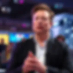 Elon Musk discussing artificial intelligence at a conference, with a focused expression and audience in the background