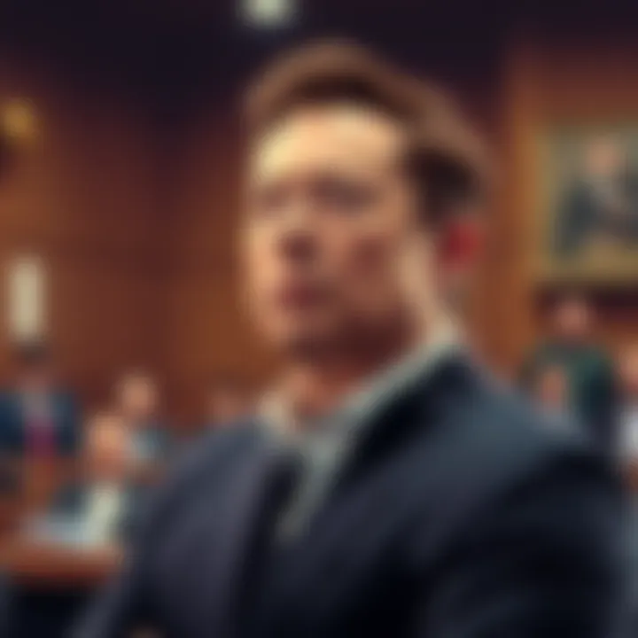 Elon Musk standing in a courtroom, looking determined as a judge presides over a case involving OpenAI and Sam Altman.