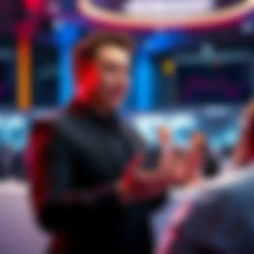 Elon Musk in a tech conference, presenting Grok 4 and its features for business applications